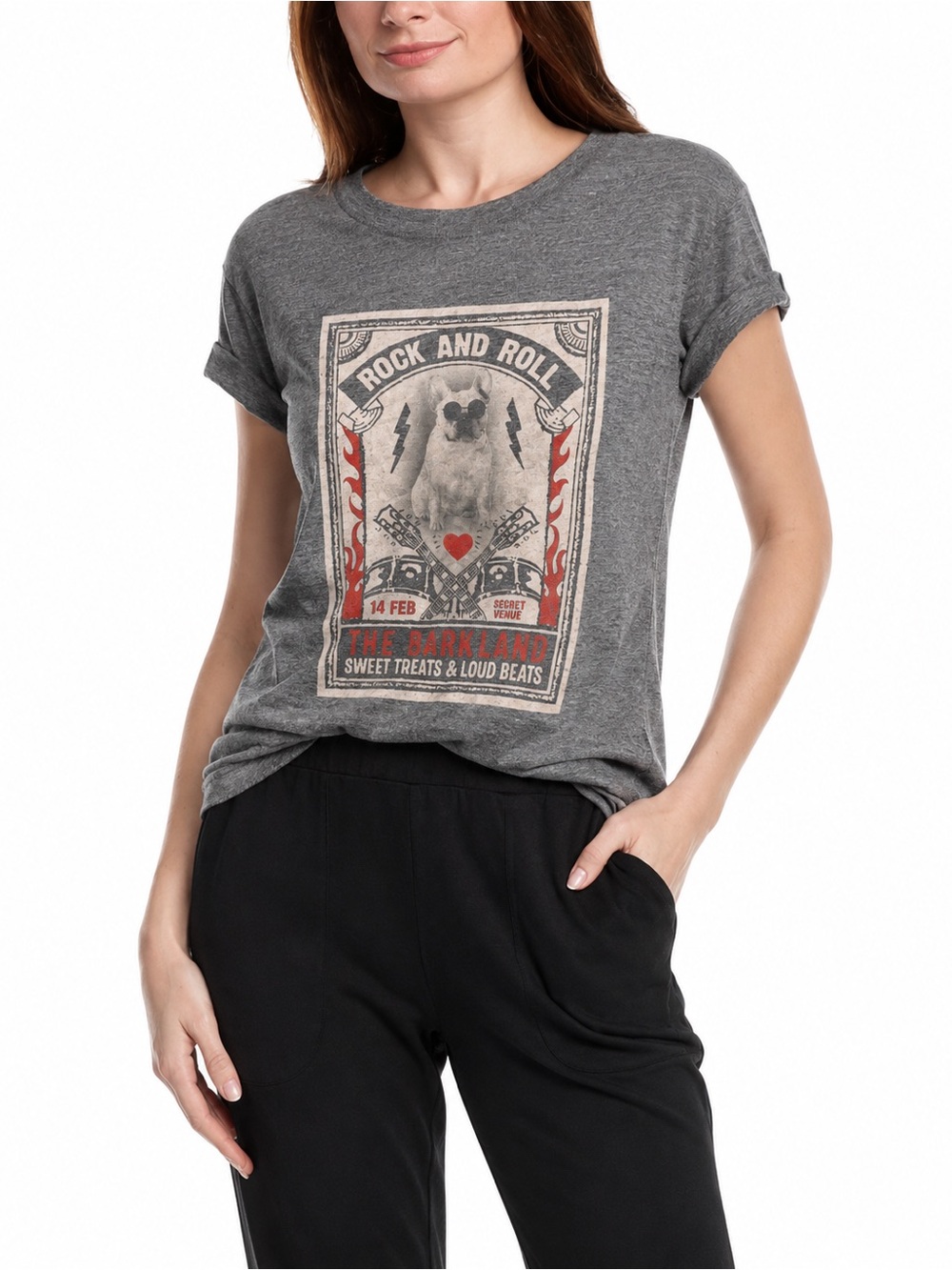 PJ Salvage Heather Gray Rock & Roll Poster Tee with Red Accents